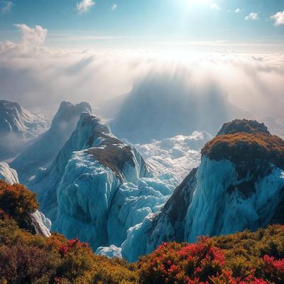 The primary subject of the image is a mountain with a glacier on it. The setting is a mountainous landscape with a cloudy sky. The visual style is a photo, capturing the beauty of the mountain and the glacier. The colors and mood of the image are dominated by the blue and white hues of the glacier and the cloudy sky, creating a serene and majestic atmosphere.